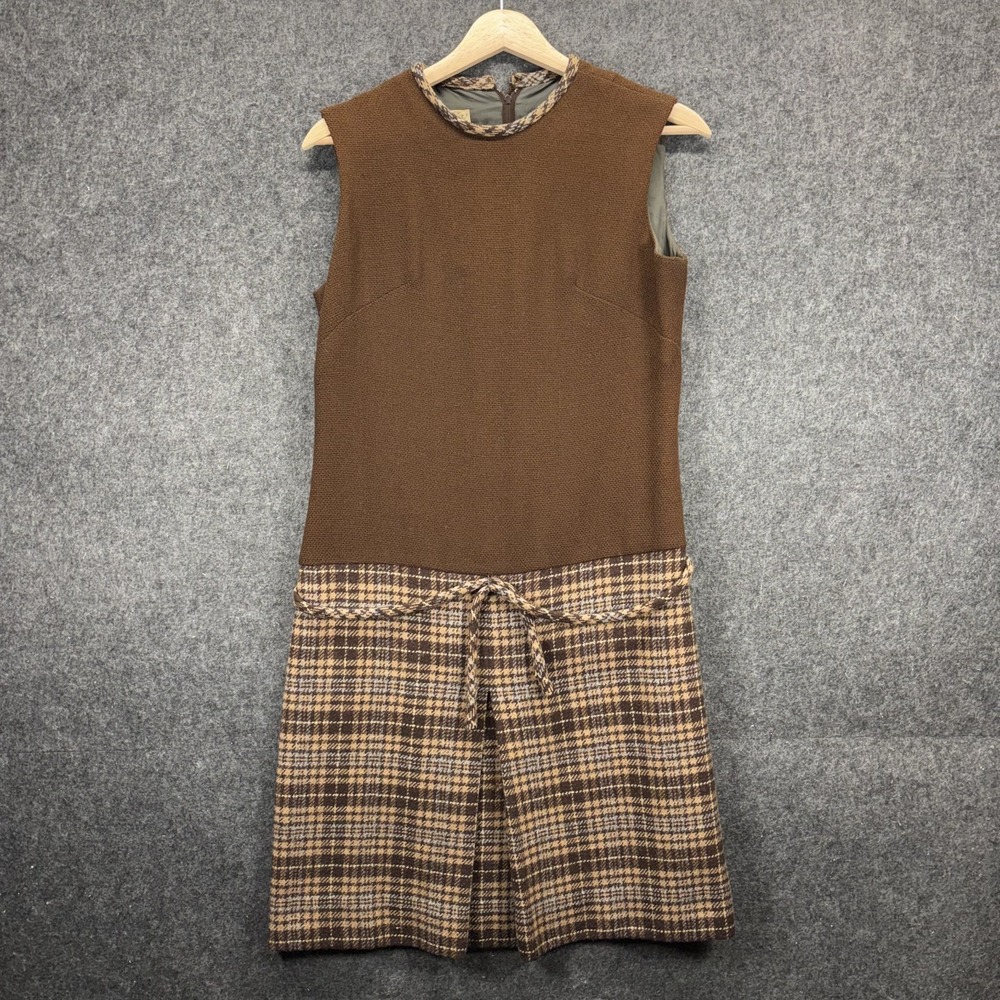 Vintage 60s Drop Waist Wool Tweed Shift Dress Brown Plaid Belt Mod Sleeveless